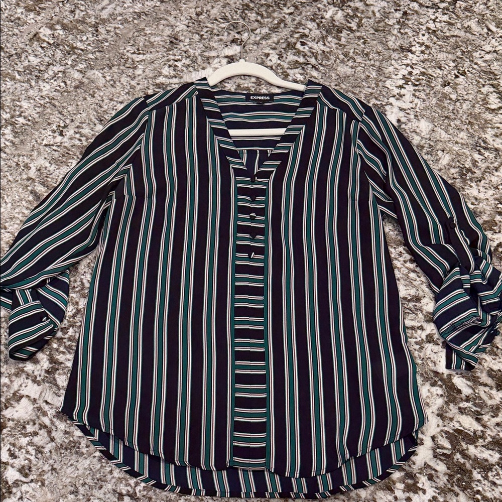Express Navy, White & Teal Vertical Stripe V-Neck Blouse